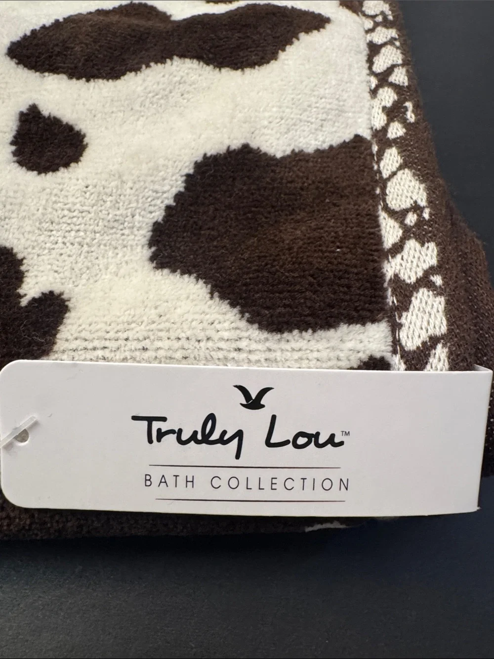 3pc TRULY LOU Bath Towel Set - Cotton Velour - Cow Print -Hot Fudge-Br/OffWhite